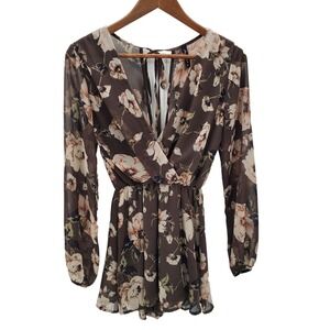 Final Touch Womens S Floral Chiffon Romper Sheer Long Sleeve Surplice Brown